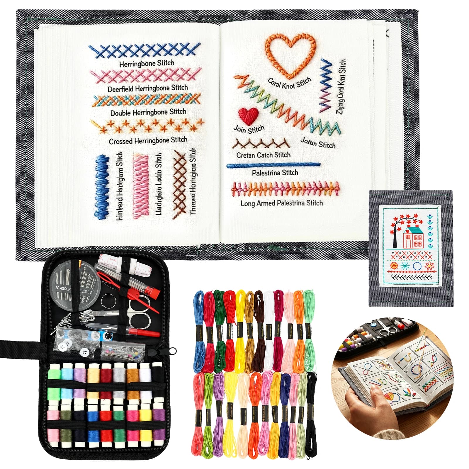Set per Ricamo con Motivi Raffinati, Kit da Cucito Creativo Compatto e Leggero con Guida all'Embroidery e Libro dei Ricami Fai-da-Te