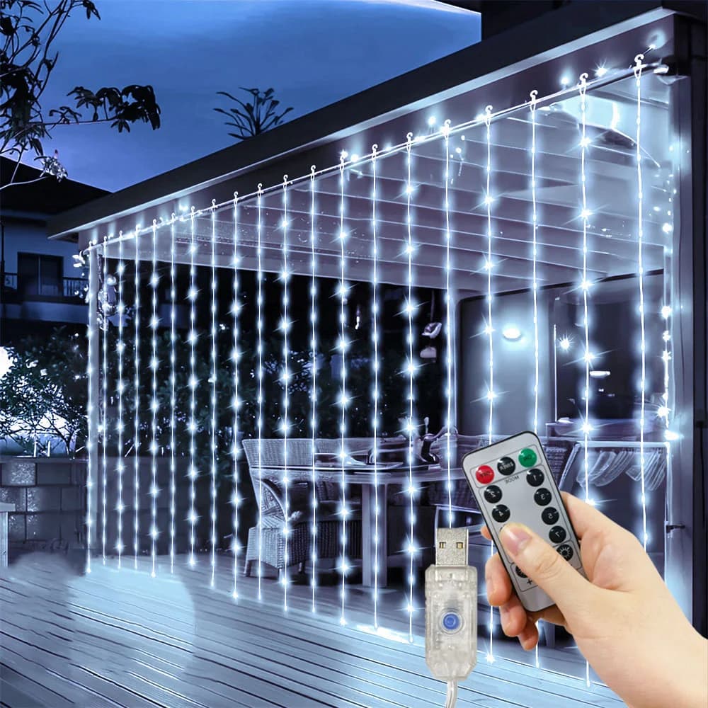 Luci a tenda LED a energia USB, 8 modalità, per esterni, cortili, matrimoni, feste, giardini, ghirlande luminose, decorazioni per la casa e Ramadan
