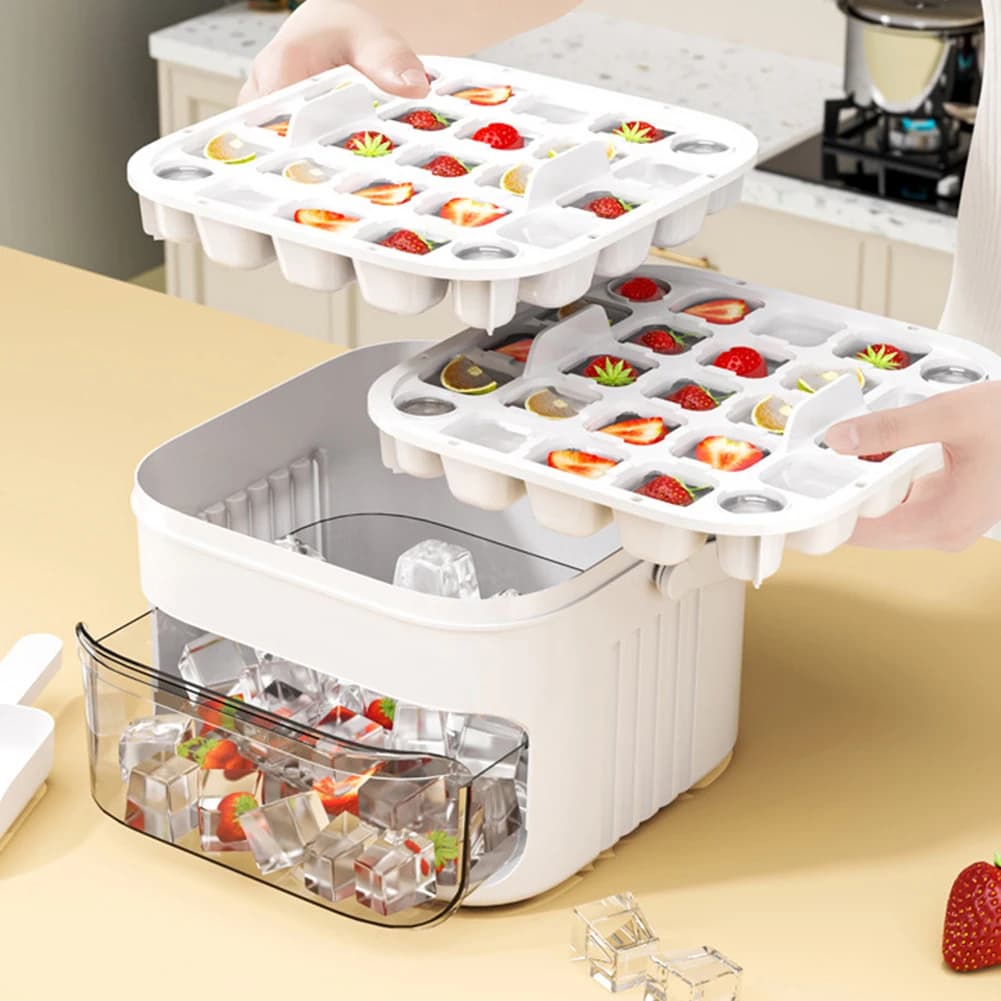 Stampo per Ghiaccio in Silicone Impilabile con Contenitore e Coperchio Ermetico, Vassoio per Cubetti di Ghiaccio a Pressione, Stampi per Cubetti di Ghiaccio Grandi