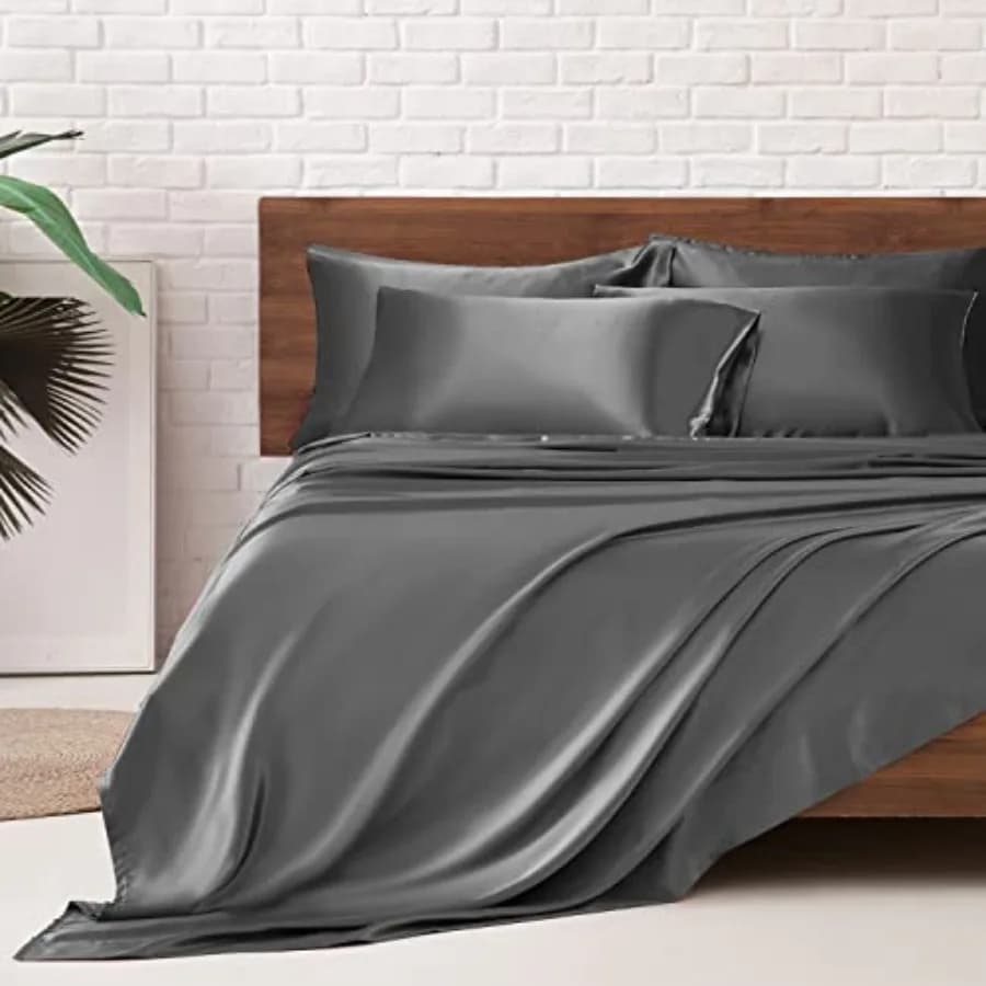 Set di Lenzuola in Raso 6 Pezzi, Set Biancheria da Letto Setosa con Tasca Profonda 15 Pollici per Materasso, Grigio Scuro
