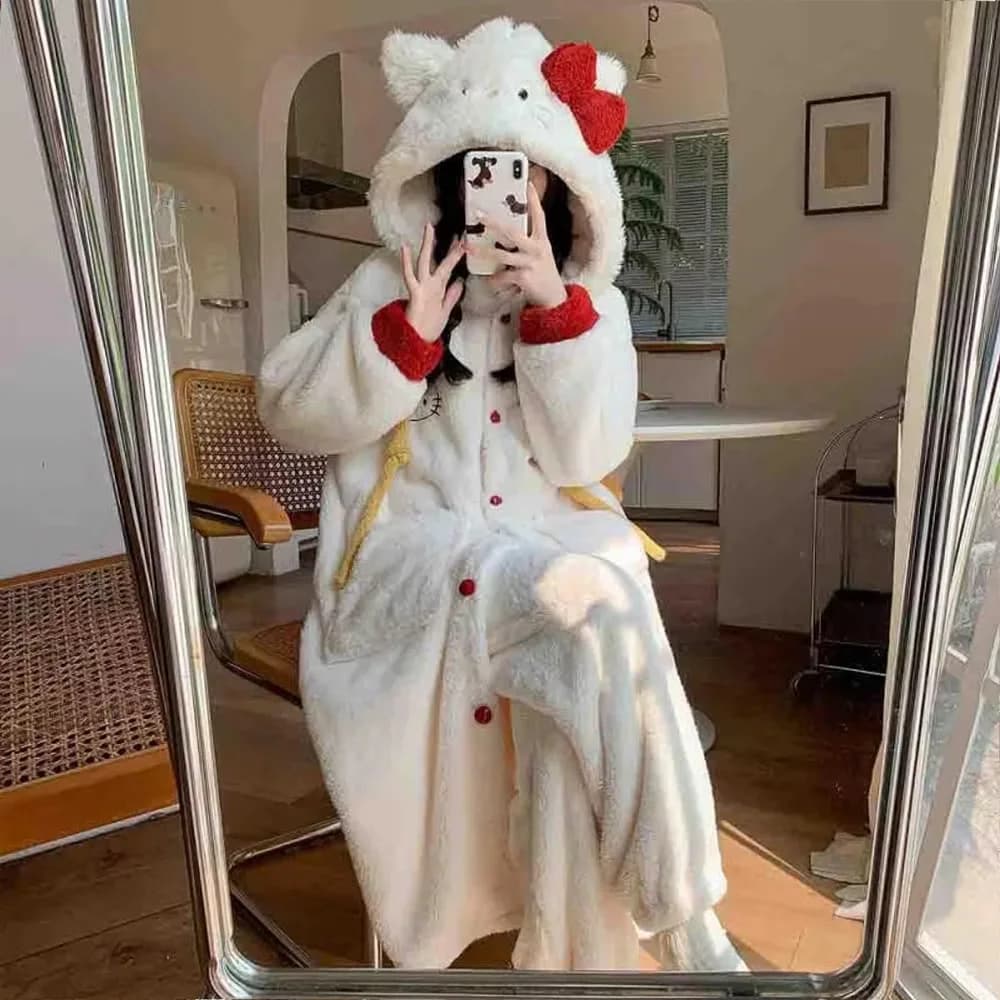 Anime Hello Kitty Women's Sweet Sleepwear Two Piece Set Autumn/winter New Thick Warm Loose Home Clothes Cute Fashion Bathrobe