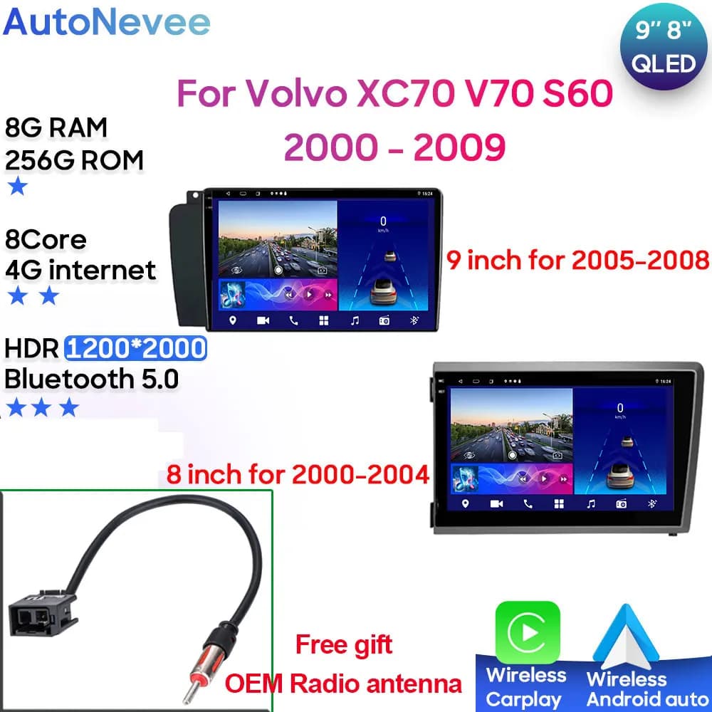 Multimediale Android Per Volvo XC70 V70 S60 2000 - 2009 Auto Stereo CPU Lettore Radio di Navigazione CPU HDR QLED Schermo Dash Cam 5G BT