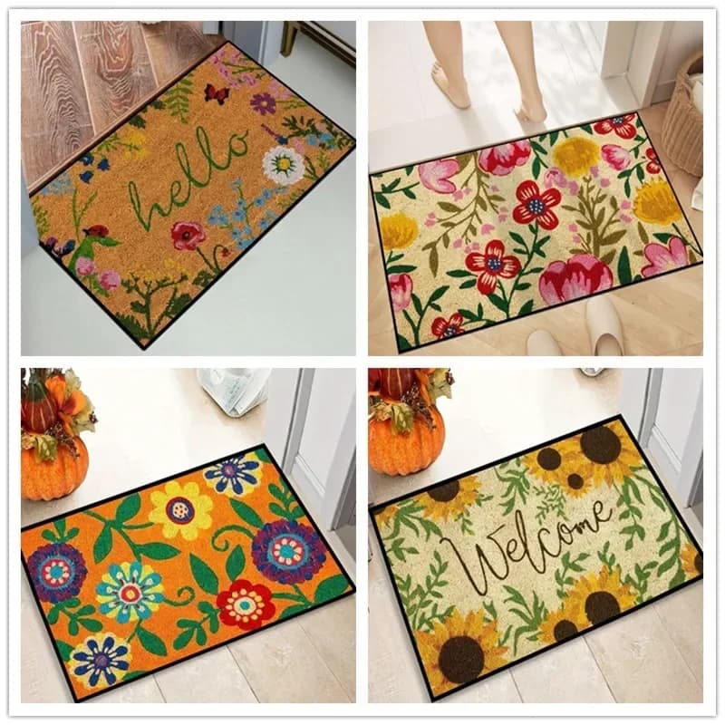 1Pc Floral Print Letter Bienvenire Zerbino Anti-slip Bathroom Mat Resistant to fading Kitchen Garden Mat Lavabile Home Decorations Mats