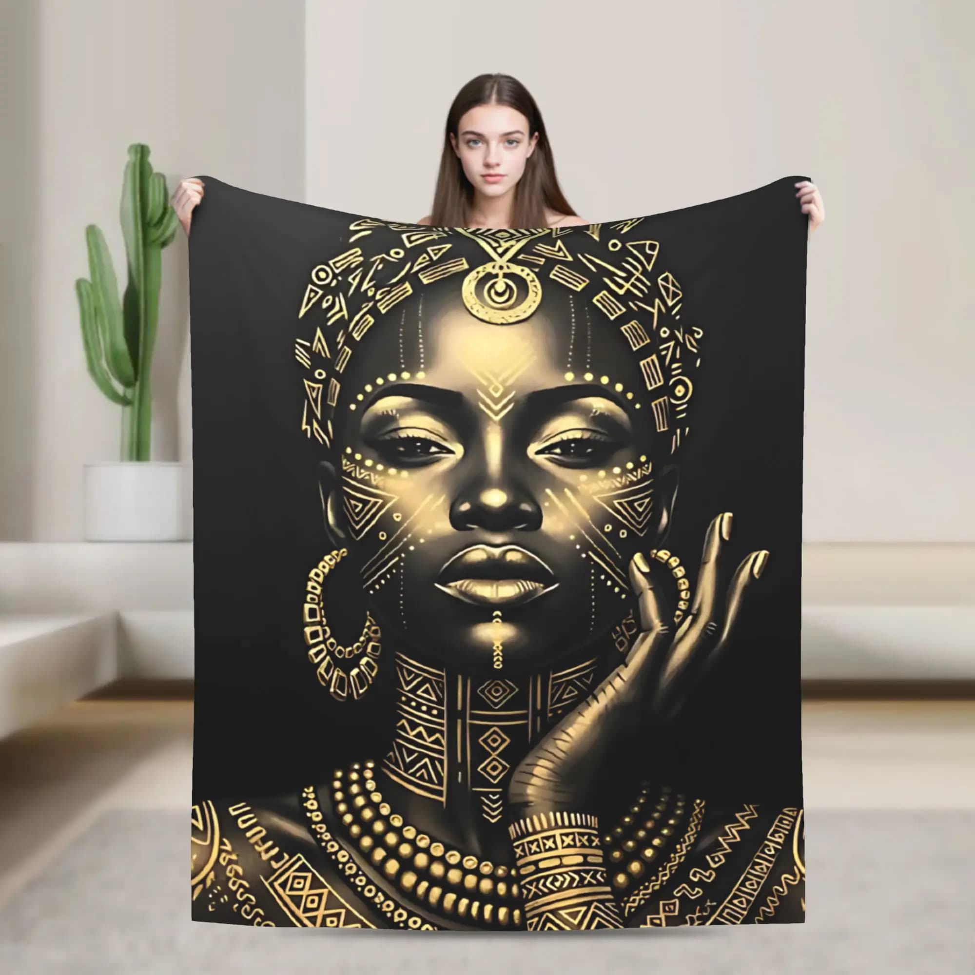 Coperta in pile con stampa Dea africana nera e oro, traspirante e morbida, per letto e camera da letto