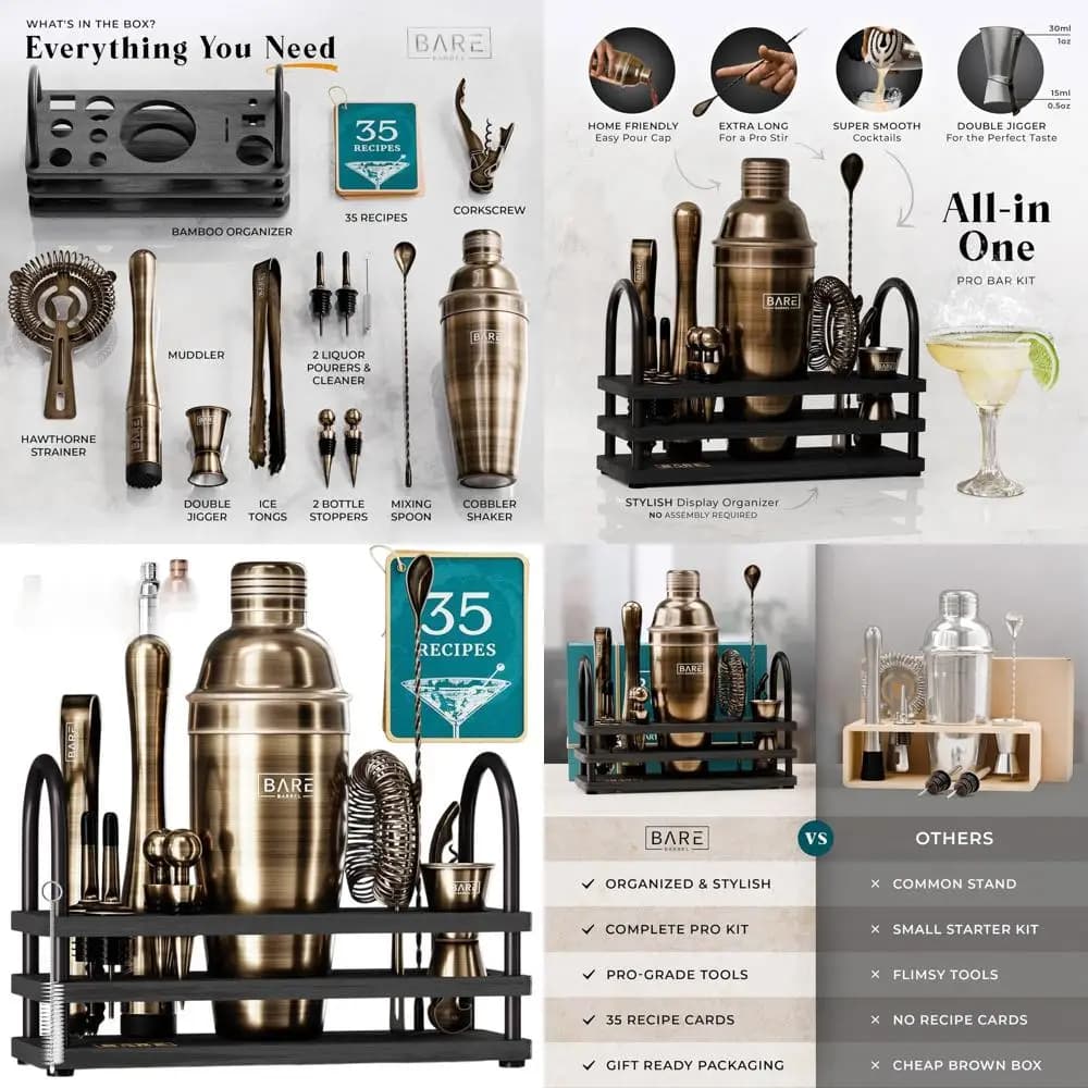 Set da Cocktail 14 Pezzi: Kit da Barman per Casa con 35 Ricette, Shaker da 24oz, Ottone/Nero