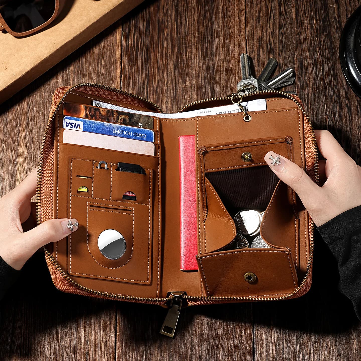 Portafoglio lungo multifunzionale con cerniera in vera pelle: organizer per portachiavi, slot per carte e porta passaporto per l'uso quotidiano e in viaggio