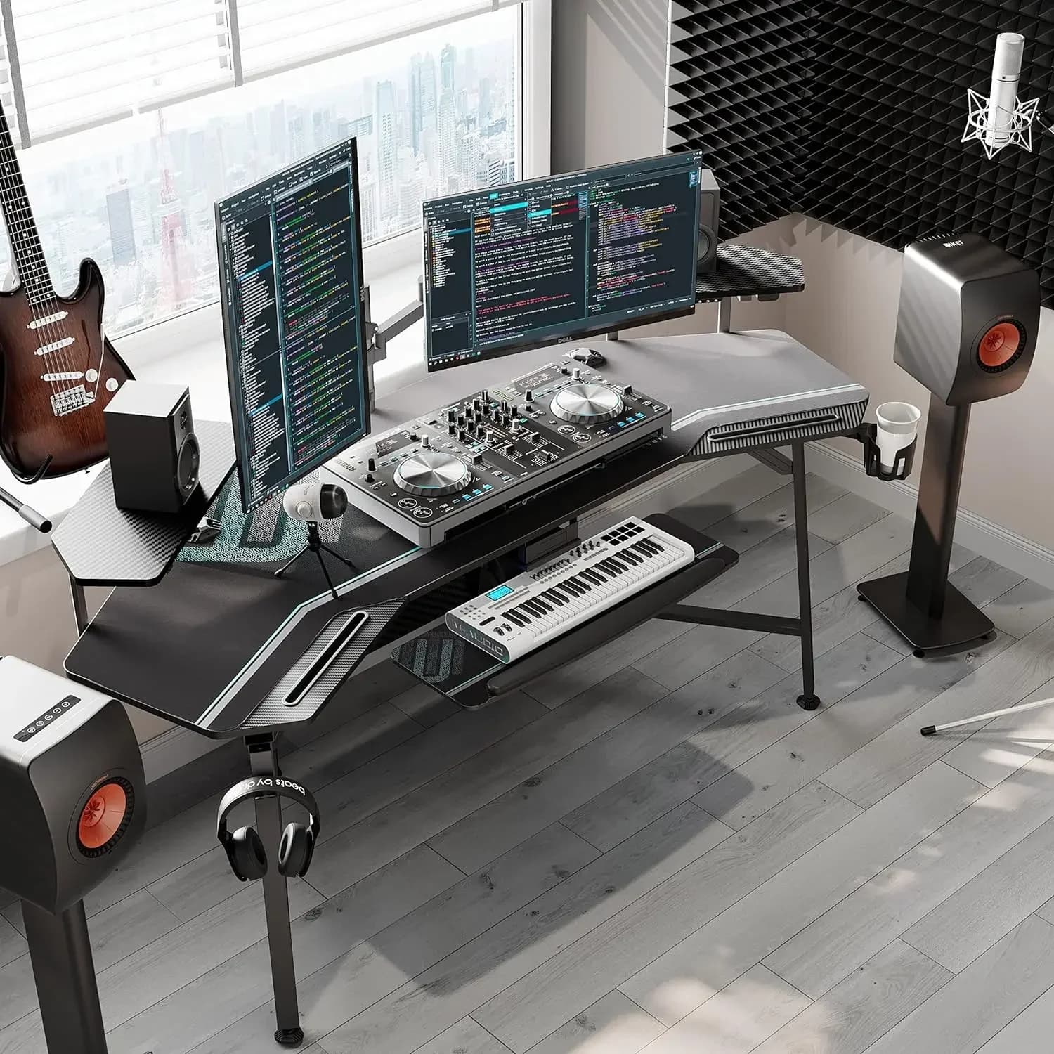 z play desk with LED lights, 72 inch large studio desk with keyboard tray, monitor support, double headphone rack