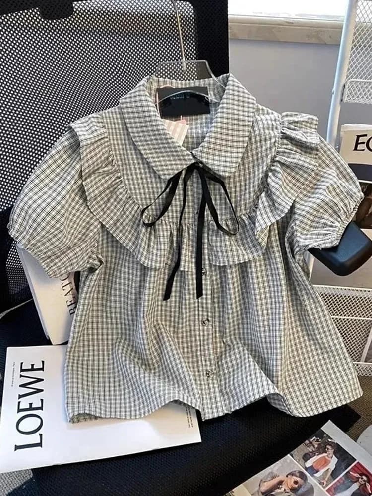 Camicia a quadri con volant e fiocco, maniche a sbuffo, stile preppy giapponese, top femminile Kawaii, moda primavera estate.