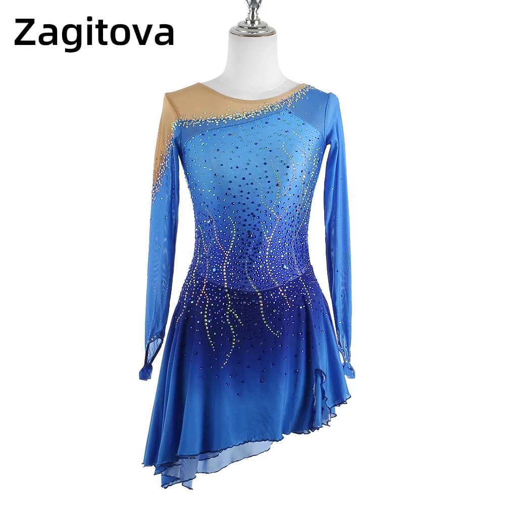 Zagitova Abito da pattinaggio di figura Donna Ragazza Blu sfumato Gonna da pattinaggio su ghiaccio Performance Concorso Costume Splendido brillante