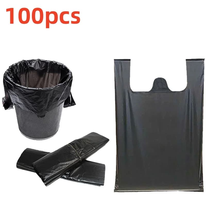 100 Sacchetti Neri in Plastica con Manici, Spessi, per Uso Domestico, Cucina, Soggiorno, Contenitore per Rifiuti, Monouso