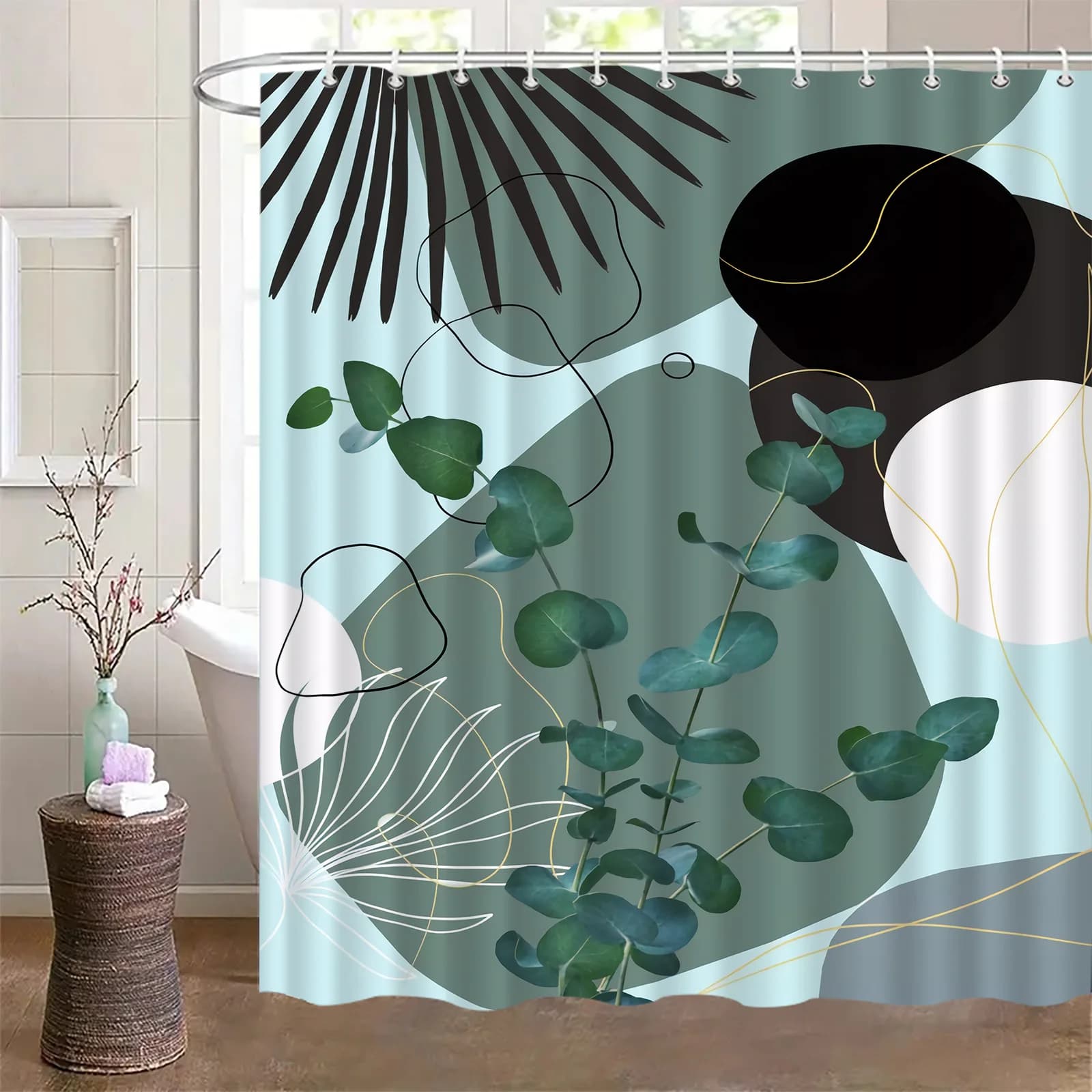 Tenda da doccia con motivo a foglie verdi con ganci, realizzata in poliestere, lavabile in lavatrice, adatta per l'arredamento del bagno.