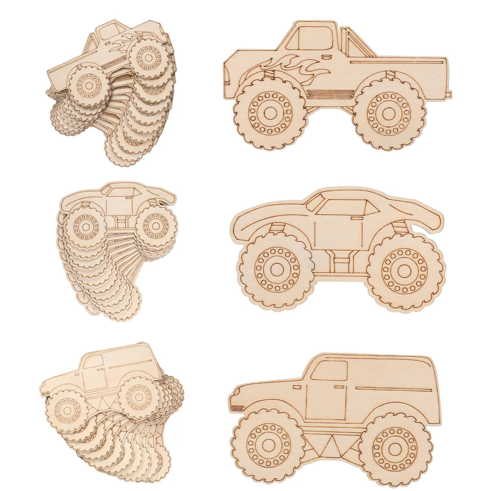 30 Pezzi Ornamenti Monster Truck in Legno Grezzo per Artigianato, Forme di Auto in Legno da Dipingere, Piccoli Blocchi per Decorazione Fai-da-Te di Veicoli