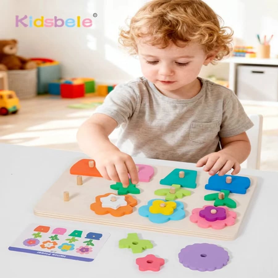 Montessori fai da te fiore in legno puzzle gioco da tavolo con carte forma colore cognizione e abbinamento giocattolo educativo geometrico per bambini