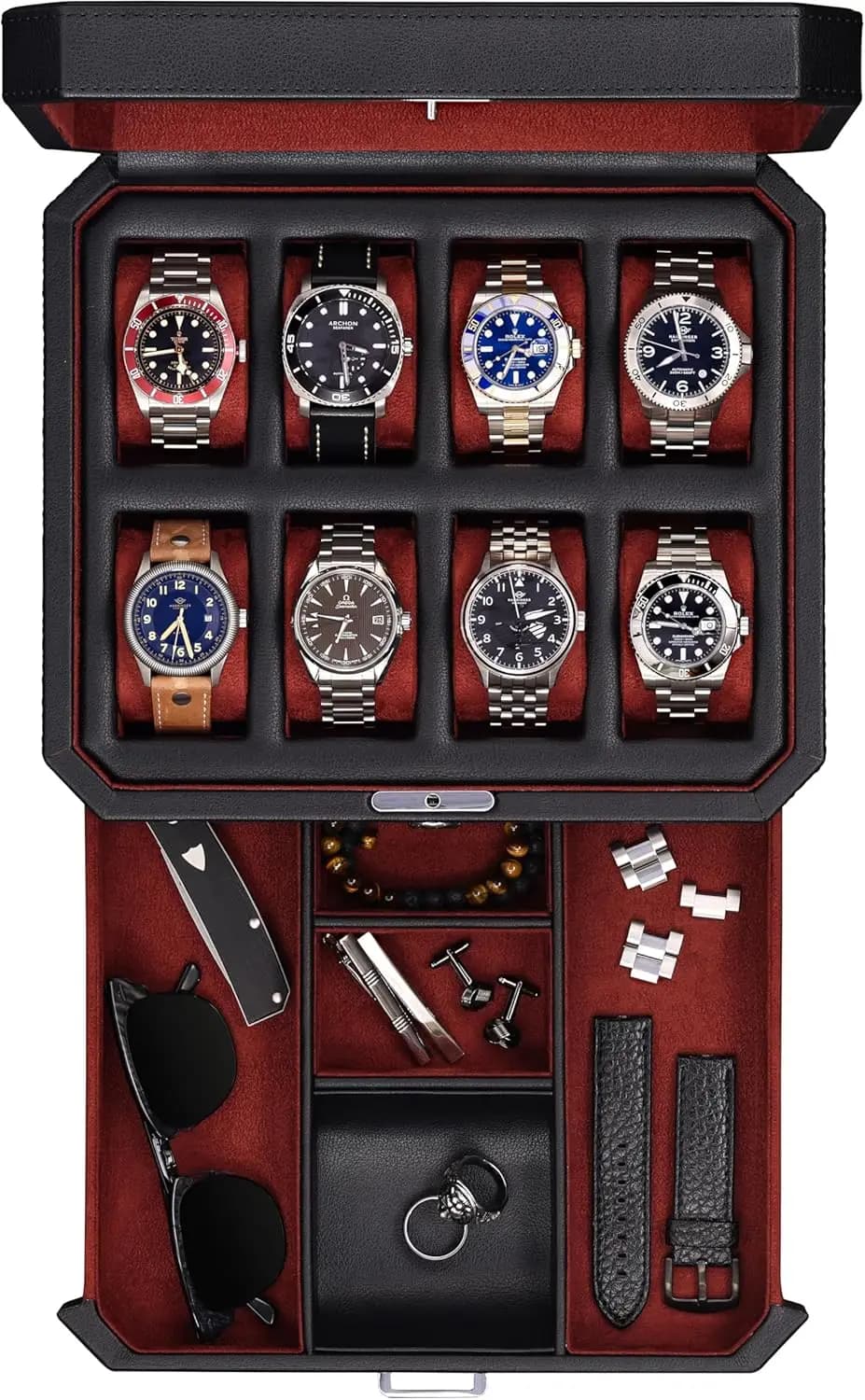 Scatola Porta Orologi in Pelle a 8 Scomparti con Cassetto - Espositore con Chiusura, Coperchio in Vetro Vero, Organizzatore di Gioielli per Uomo e Donna (Nero/Rosso)