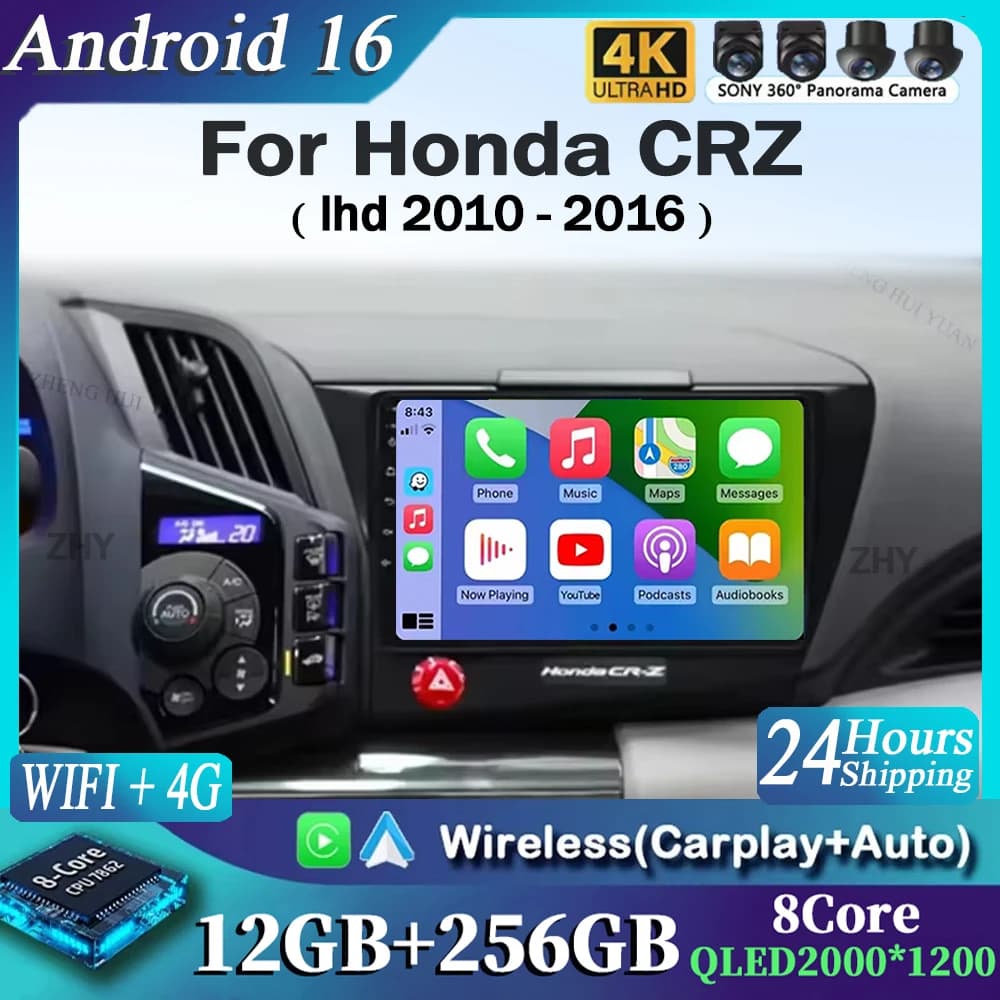 Autoradio Android 16 per Honda CRZ LHD 2010-2016, Stereo BT Senza 2din, Video Wireless, Carplay Auto, ADAS, Multimedia, Lettore 4G, DSP