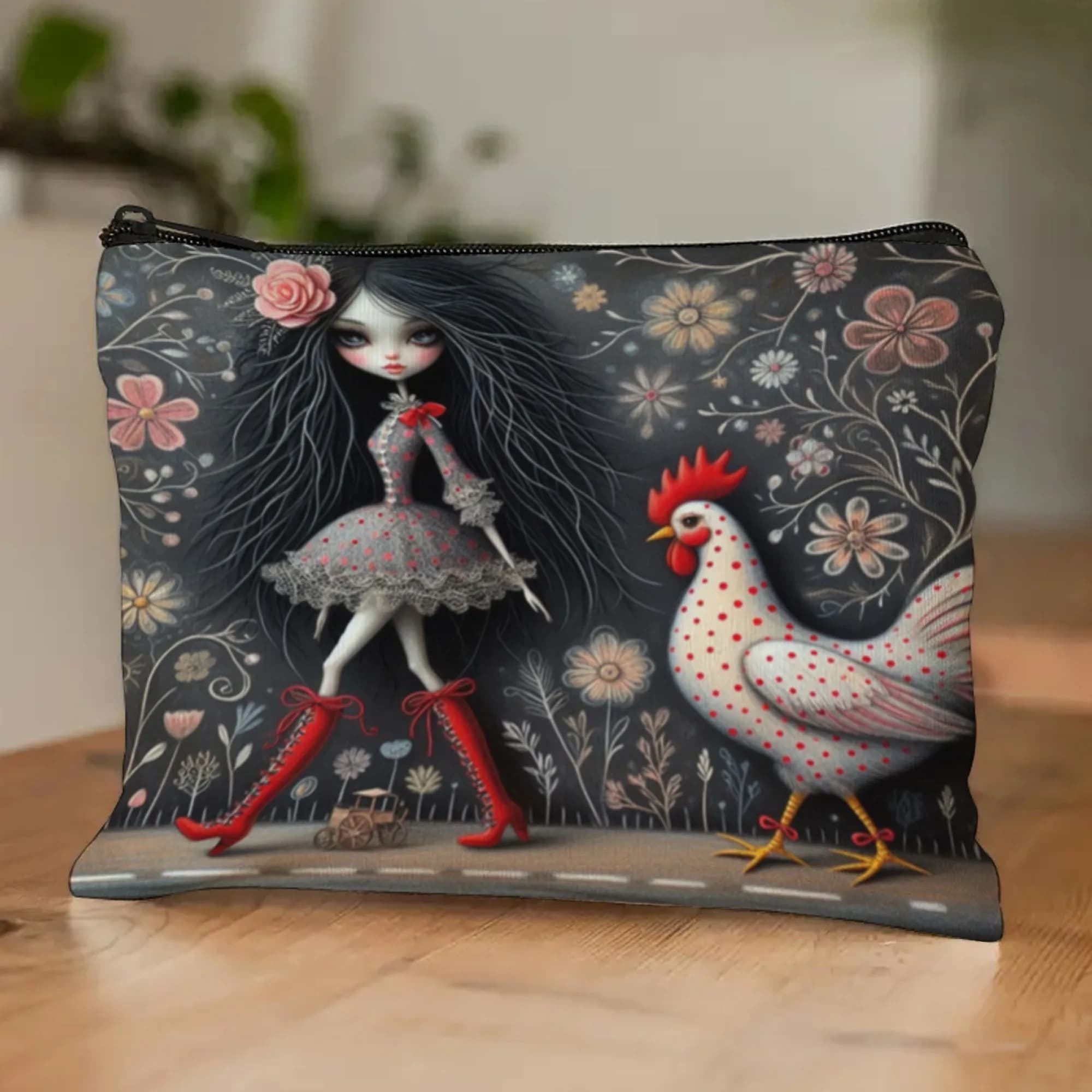 Borse per il trucco da viaggio con motivo di pollo maculato per ragazza cartone animatoDonne Insegnante di scuola Regalo Custodia per cosmetici Portafoglio Organizzatore portatile