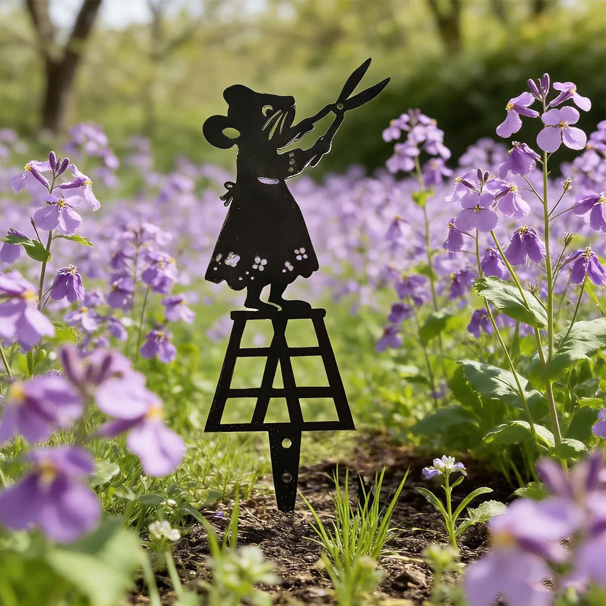Colonna da giardino in metallo con linea siluettata nera, design topo con forbici, segno decorativo artistico per prato, ornamento creativo in metallo a forma di animale, adatto per vasi di fiori, giardini o tavoli