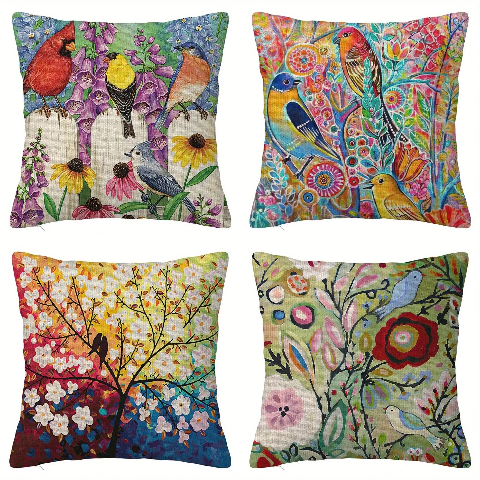 Colorful Birds and Blooming Flowers Pillow Covers Pattern Cushion Cover Suitable for Sofa Bedroom Car Pillow Cover