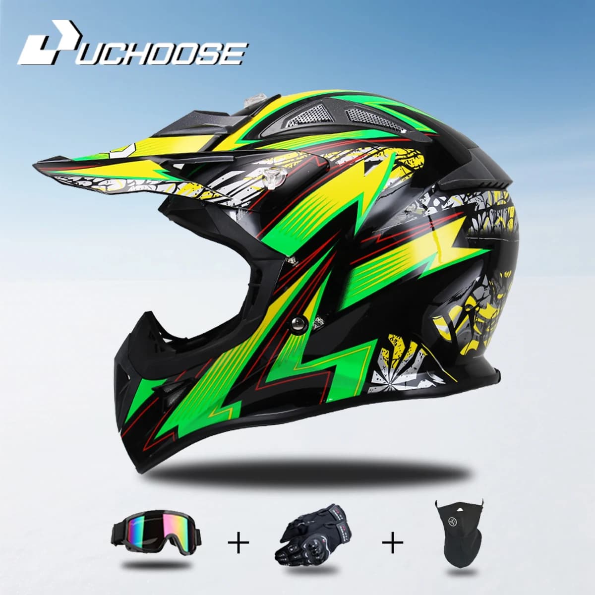 Uchoose High Quality ATV Forest DH Motorcycle Racing Helmet Integral Mountain Bike Helmet Three-piece Gift Set DOT