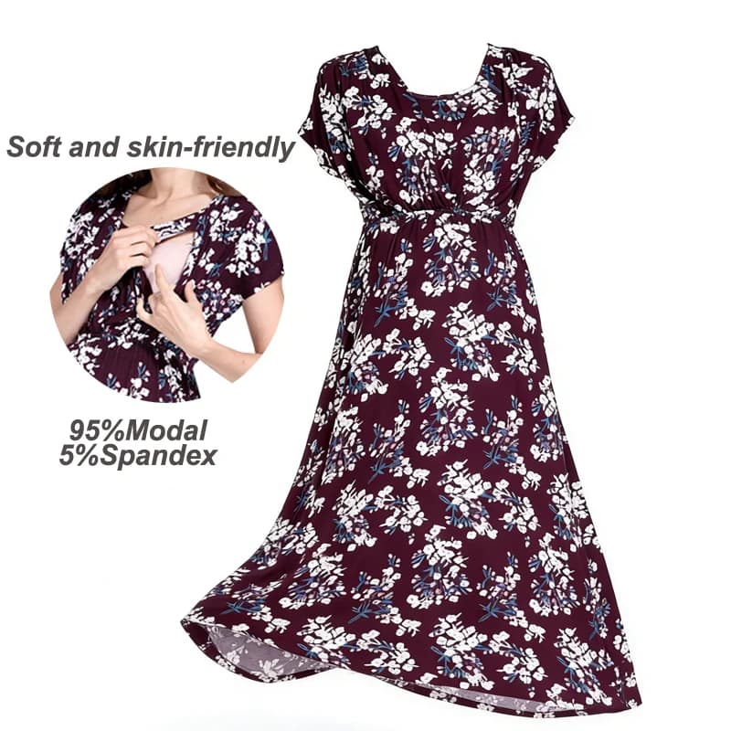 Floral Print Short Sleeve Maternity Nursing Dress 95% Modal Blend Summer A-Line Invisible Breastfeeding Dress for Expectant Moms