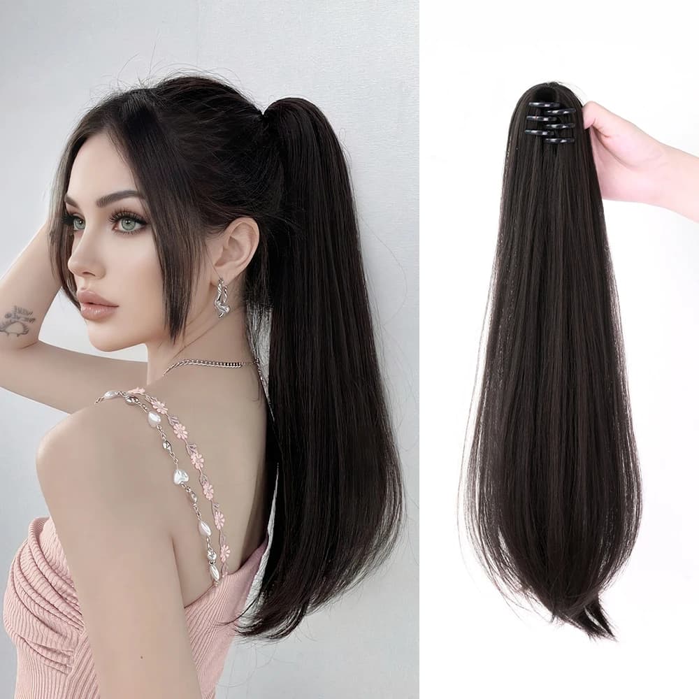 Extension per Coda di Cavallo con Clip da 20 Pollici, Capelli Sintetici Lunghi e Lisci, Nero Naturale, per Donne