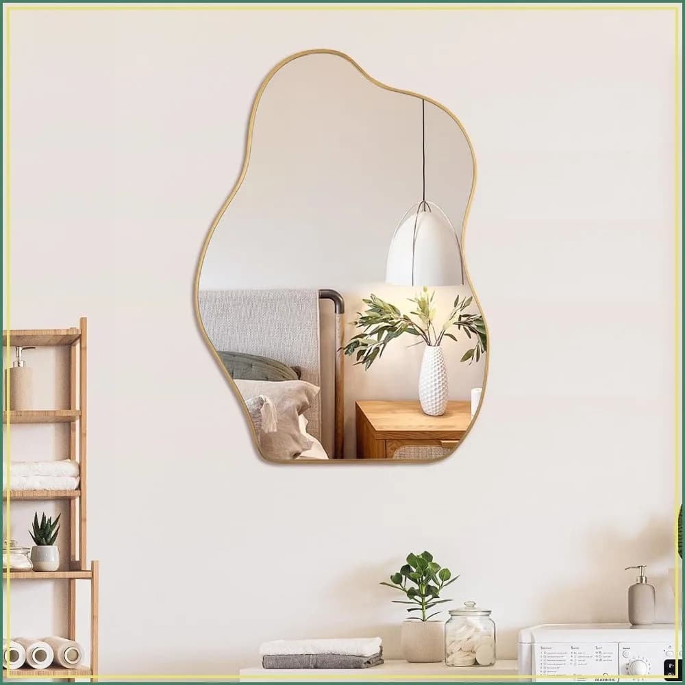 Irregular Asymmetrical Wall Mirror, Decorative Gold Wood Framed, 20x28 Inch for Bathroom Living Room Entryway