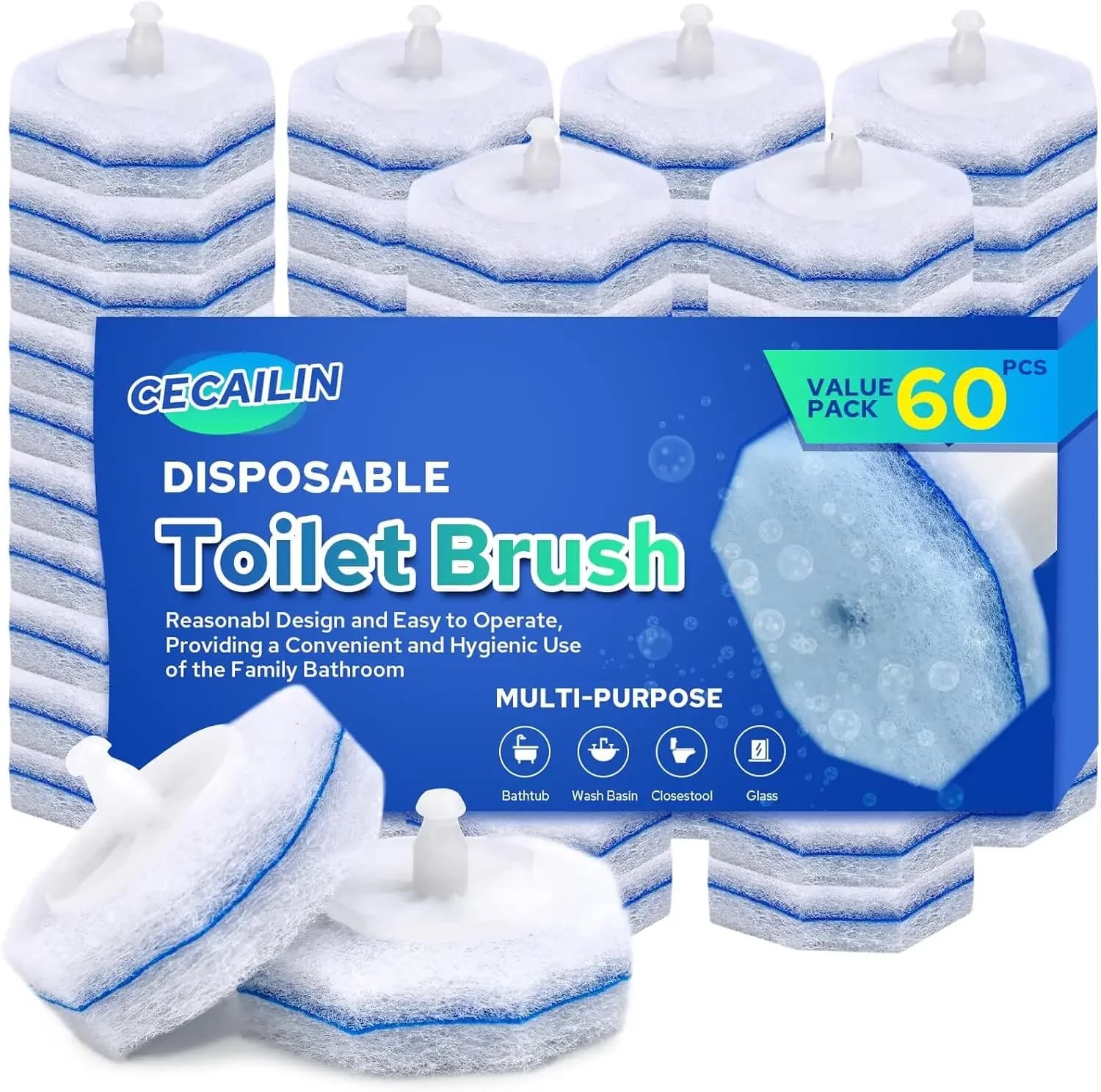 60 ricariche monouso per spazzola WC, tamponi detergenti per WC con profumo fresco, compatibili con la maggior parte delle bacchette per la pulizia