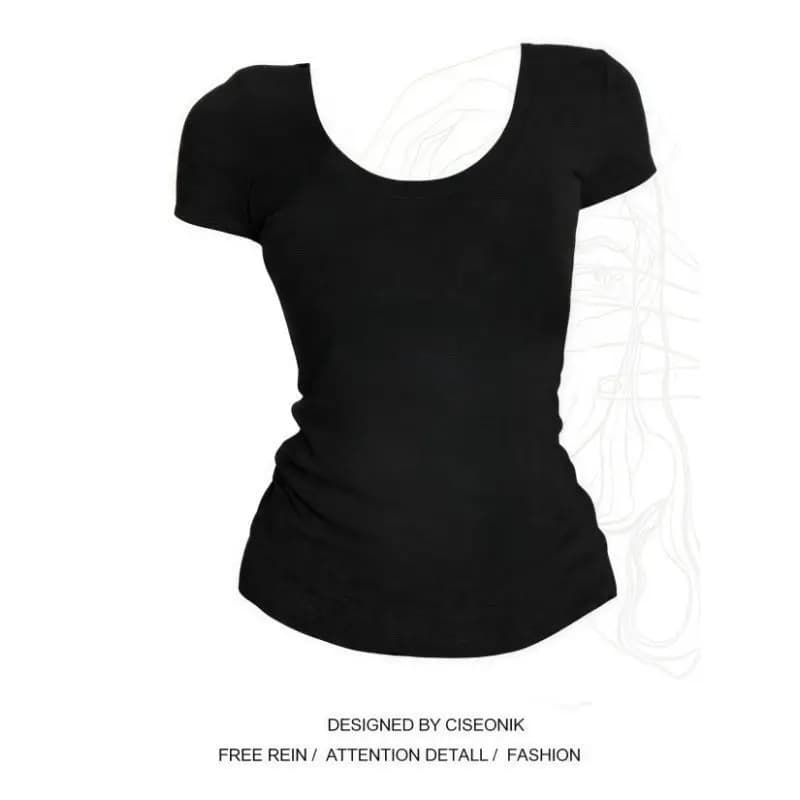 Black U-Neck Short Sleeve T-Shirt Women's Summer New Style Basic Slimming Casual Versatile Top Trendy Korean Style Breathable