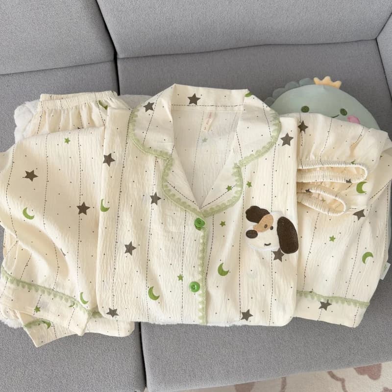 New Spring Autumn Women's 3 Piece Pajamas Set Stars Moon Print Embroidered Puppy Homewear Korean-Style Casual Pajamas Set