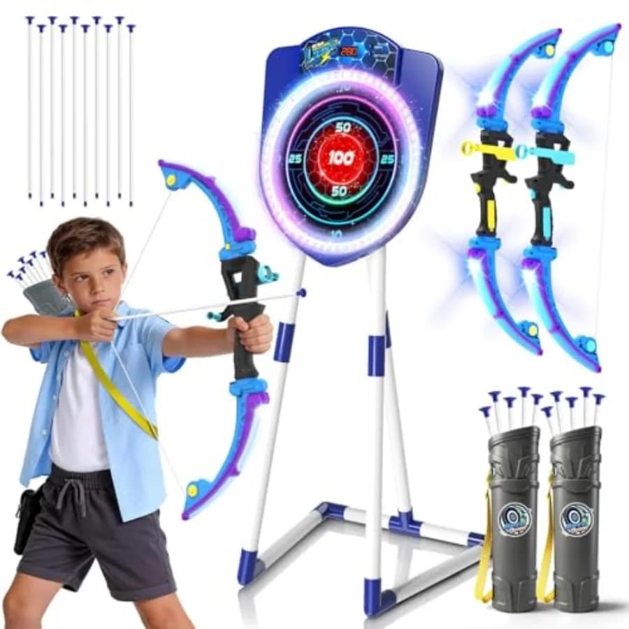 Set Arco e Frecce LED per Interni ed Esterni per Bambini 5-12 Anni: Bersaglio Luminoso, 10 Frecce con Ventosa, 2 Faretti, Punteggio Automatico, Blu
