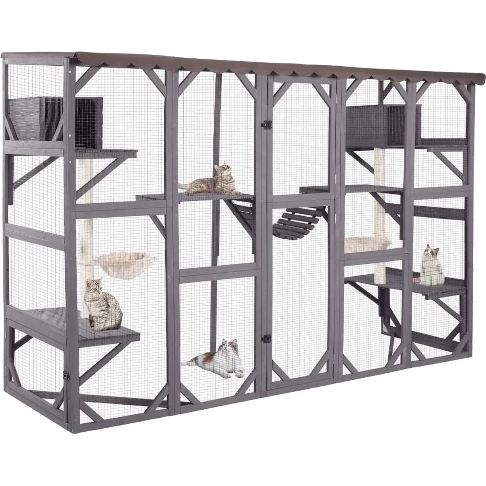 Catio Outdoor Cat Cabinet Window Box Casetta per gatti in legno montata a parete Parco giochi con tiragraffi, cestini, casa di riposo,