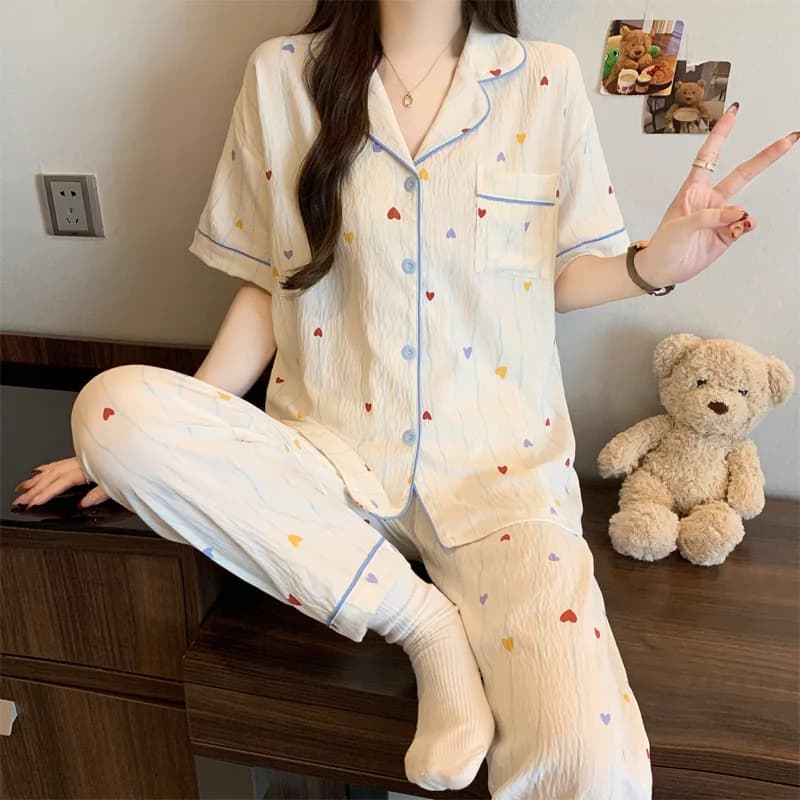 Pigiama Estivo da Donna Stile Coreano Semplice e Casual, Set con Maniche Corte e Pantaloni Lunghi, Design a Cuore, Abbigliamento Comodo per Casa