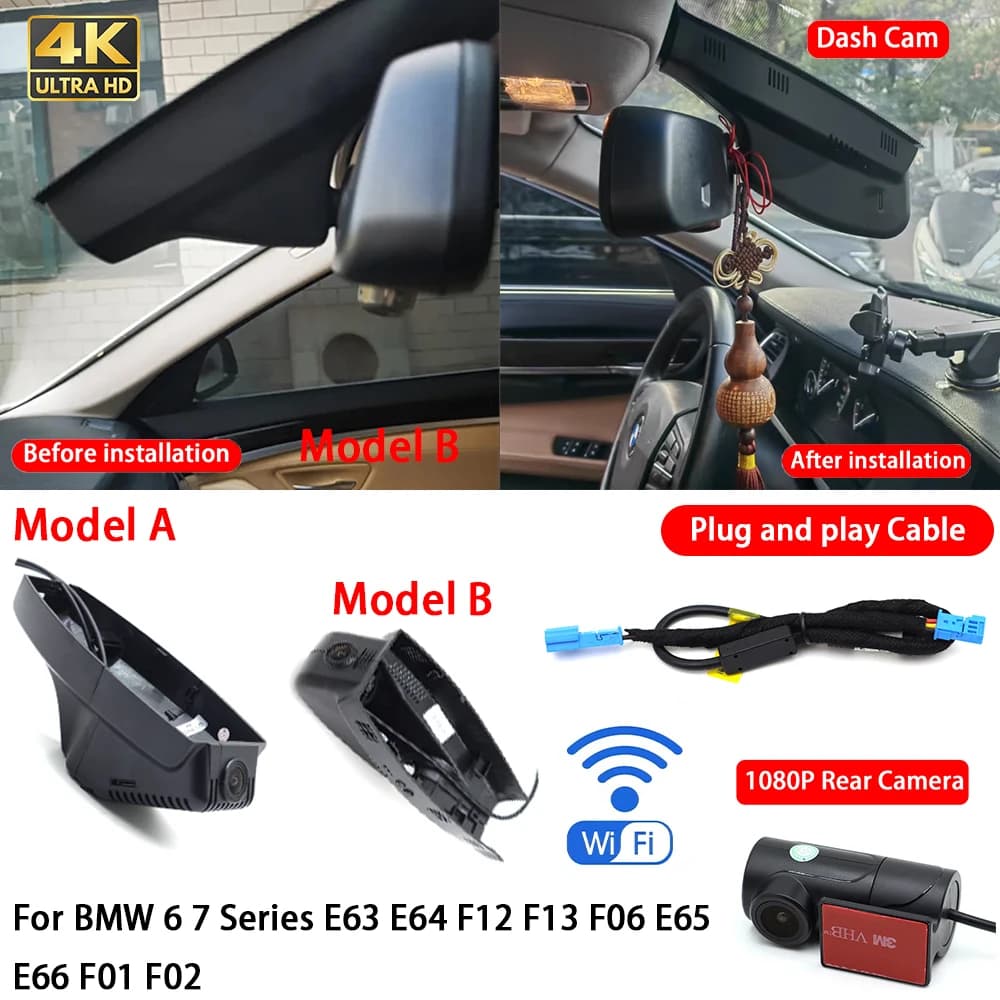 for BMW 6 7 Series E63 E64 F12 F13 F06 E65 E66 F01 F02 4K Dash Cam Front Rear Car Camera DVR Wifi Plug & Play Video Recorder