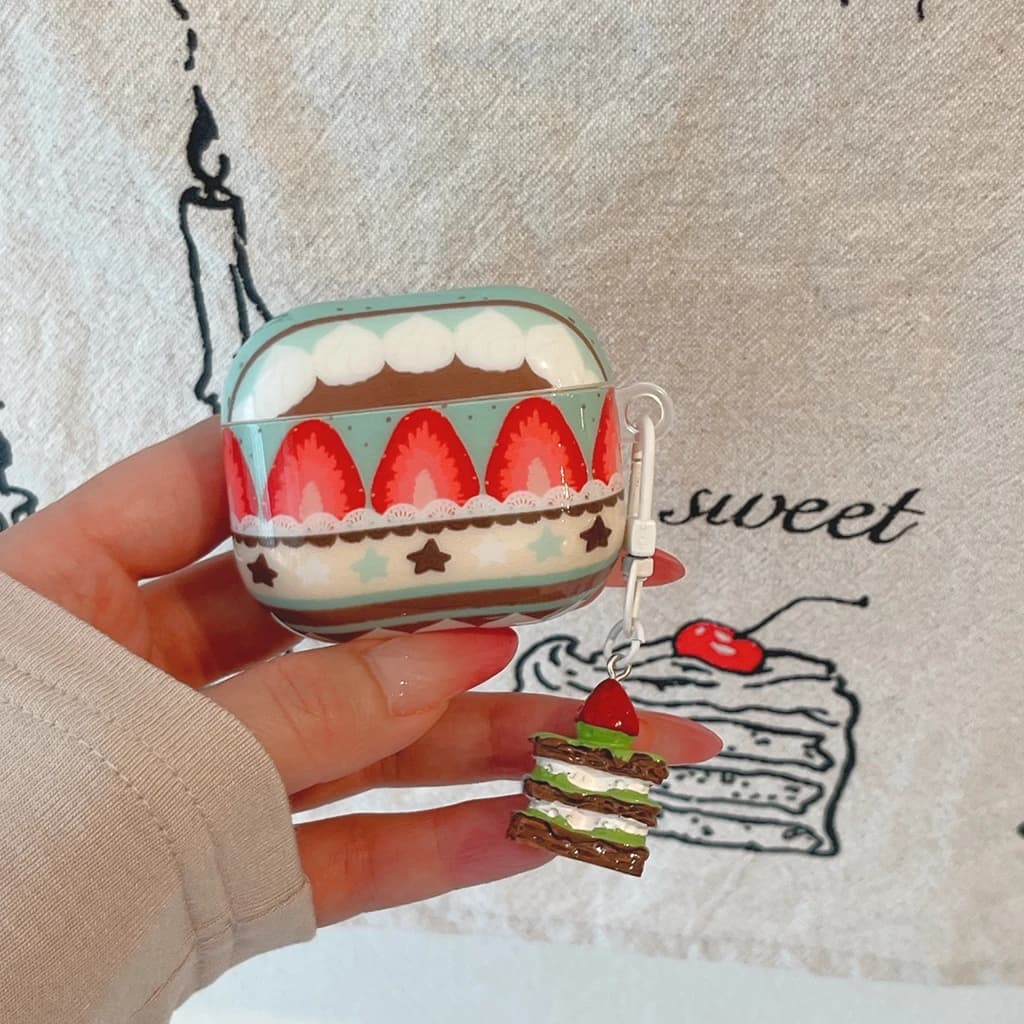 Cute Chocolate Strawberry Cake Pattern With Pendant Glossy Surface Earphone Case Cover for AirPods 1 or 2 3 4 Pro 2 Pro 3