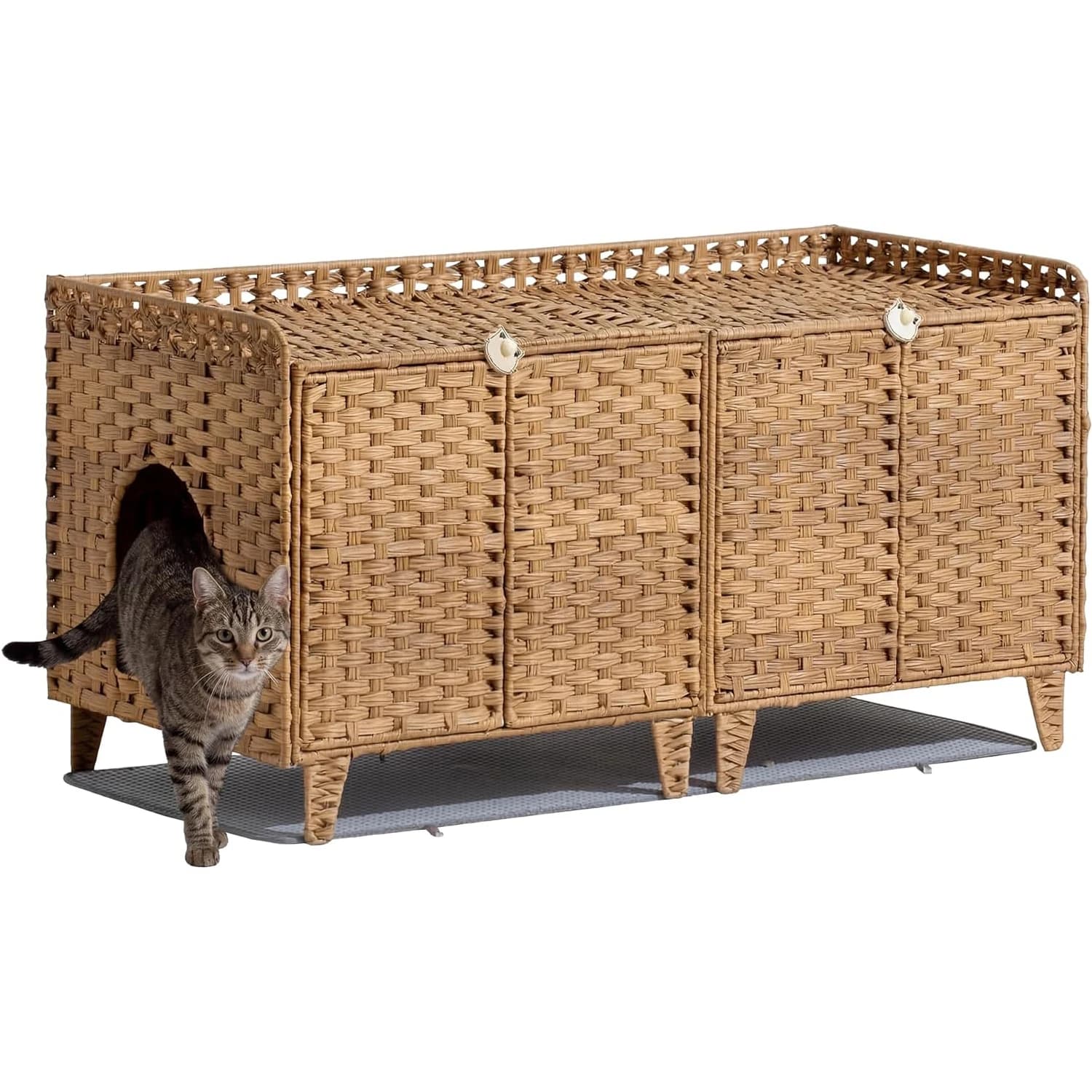 Mobiletto per lettiera per gatti, Cuccia per gatti in rattan intrecciato a mano, Mobiletto per toilette per gatti nascosto con porta/tappetino
