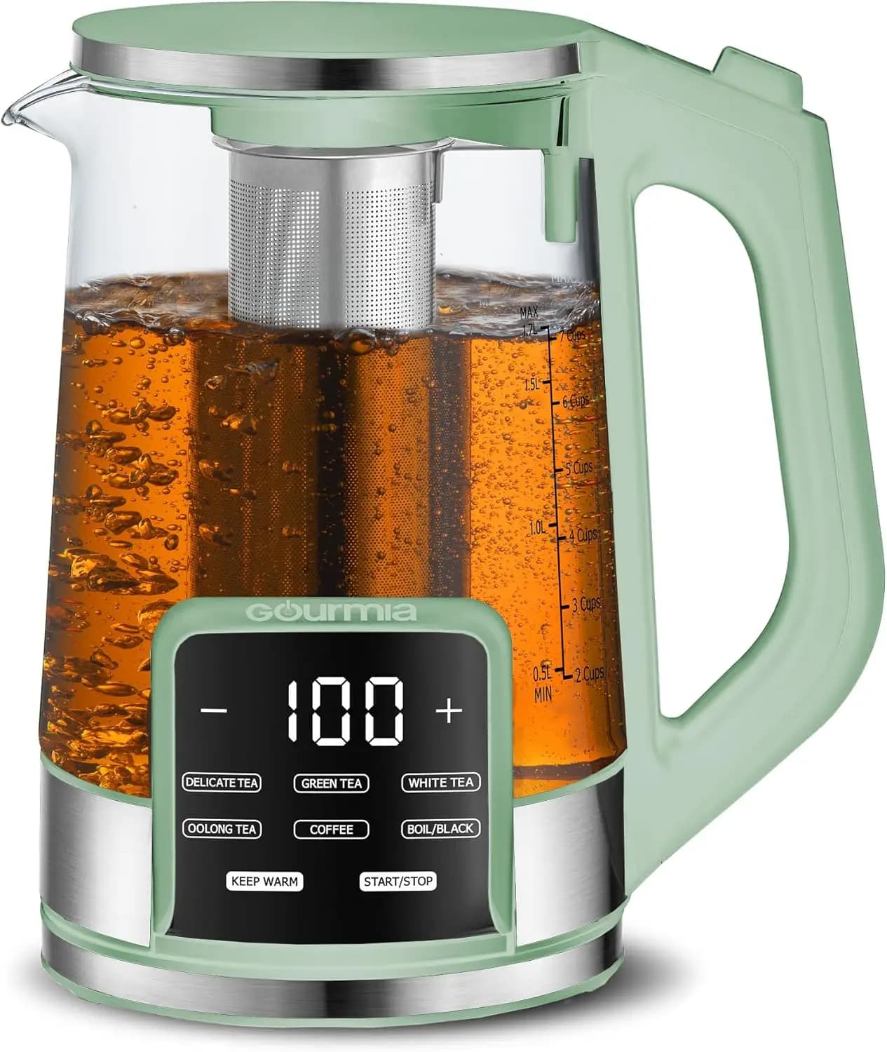 Bollitore elettrico in vetro da 1,7 litri con display digitale, 6 preimpostazioni, infusore rimovibile, senza fili 360 ° Base, Verde