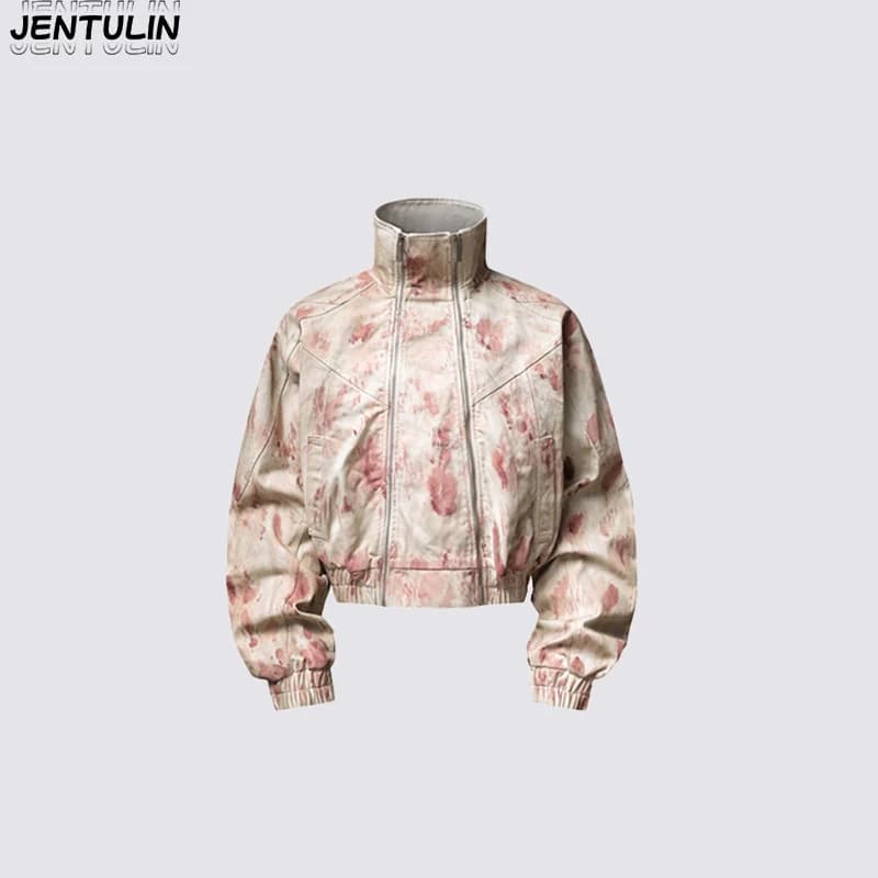 American-Style Dirty Pink Tie-Dye Short Jacket With Stand-Up Collar High-Waisted Slightly Flared Distressed Jeans Two-Piece Set