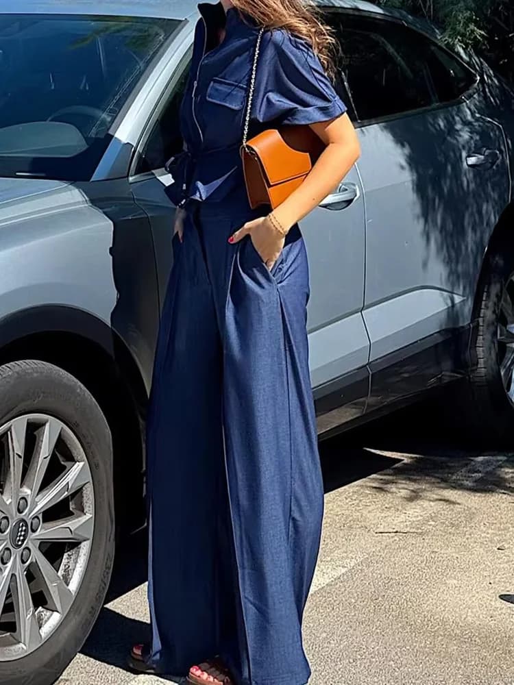 HH Autunno Donna Moda Cerniera Fiocco Lace-up Vita Manica corta Camicia solida + Tasche a vita alta Pantaloni a pieghe per il tempo libero
