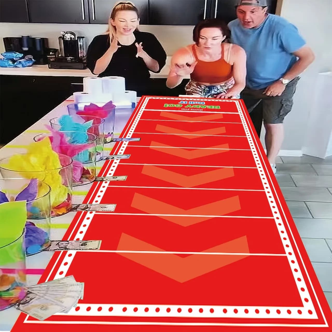 Red Ready Go Game Table Runner Ready Set Go Printed Track Mat for Party Game Night Team Gathering Fun Activity Family Game Night