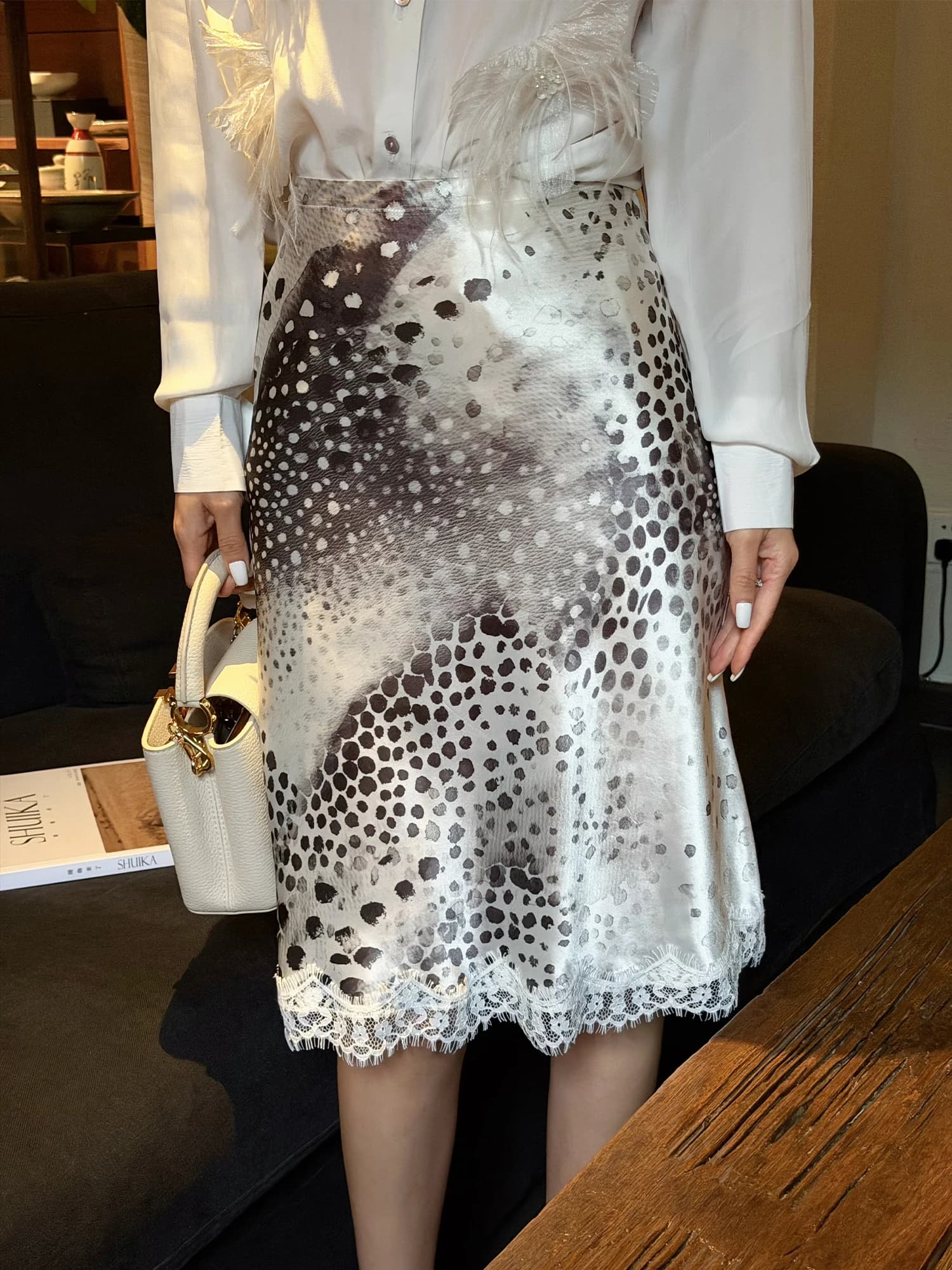 High Waist Lace Insert Silk Matte Acetate Half Skirt Leopard Print Midi Skirt by Liu Xiong Xiong AX Watercolor Patterned Skirt