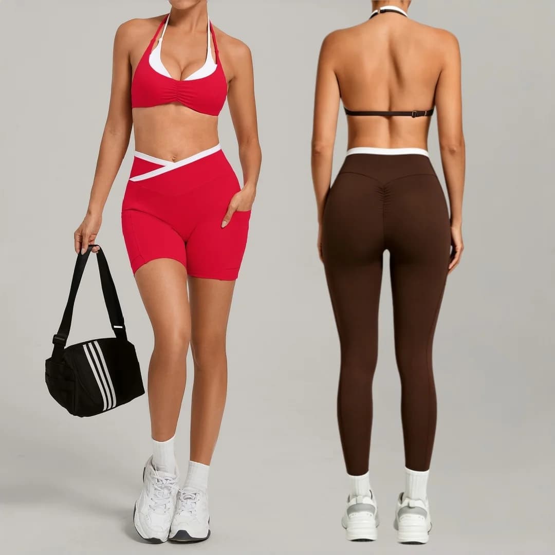 Completo Yoga Donna: Top Senza Schienale Effetto Push-Up, Pantaloncini Sportivi e Pantaloni Svasati - Ideale per Fitness, Corsa e Palestra