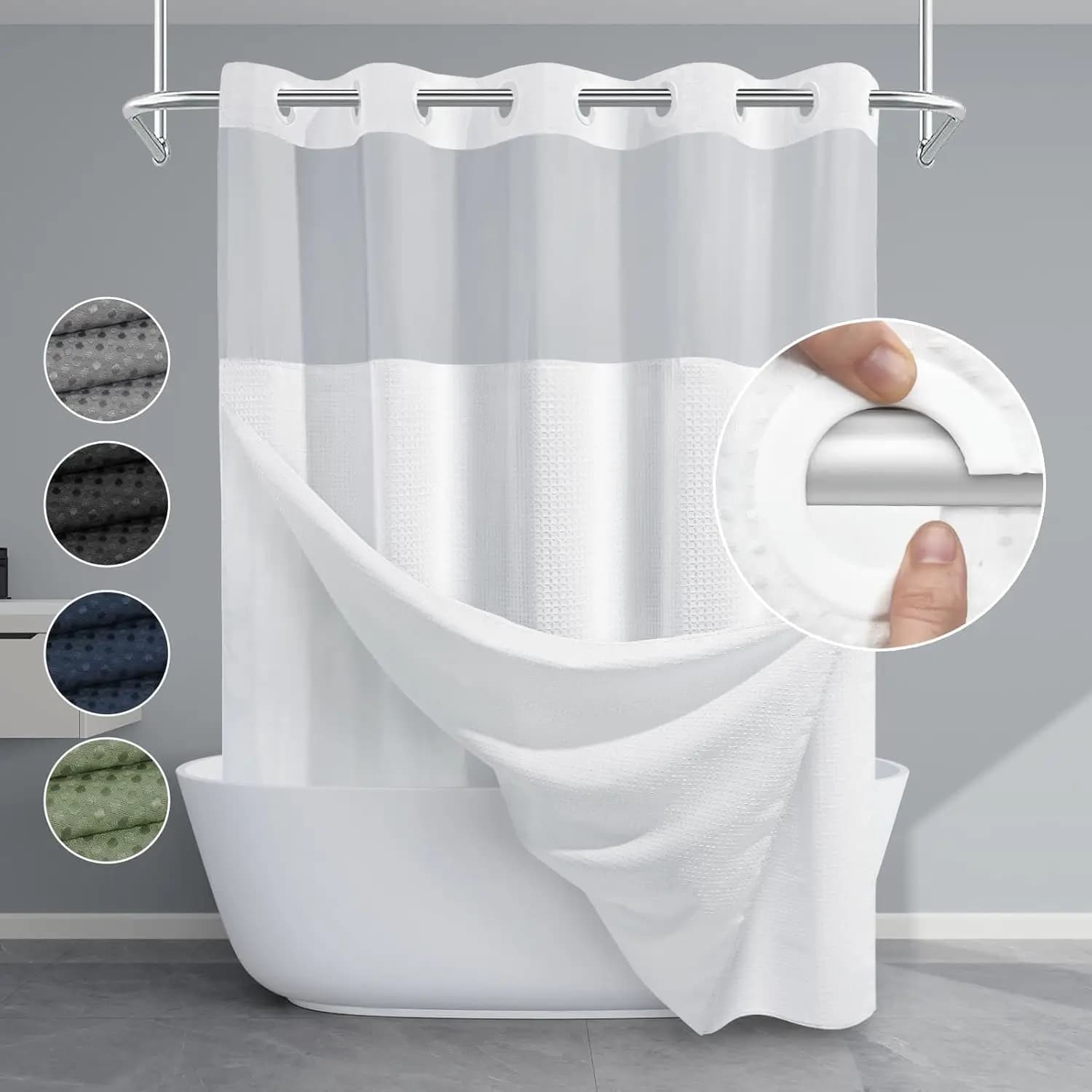 Tenda da doccia bianca senza ganci con fodera a incastro, tessuto a nido d'ape 230GSM, 71W x 74H per bagno