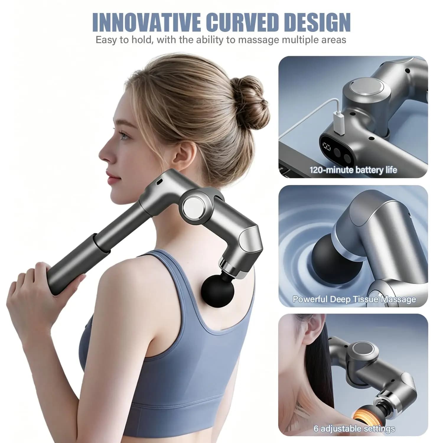 Foldable Deep Tissue Massage Gun 6 Speed Amplitude 4 Heads Type-C Portable Muscle Massager for Body Relax Workout Recovery