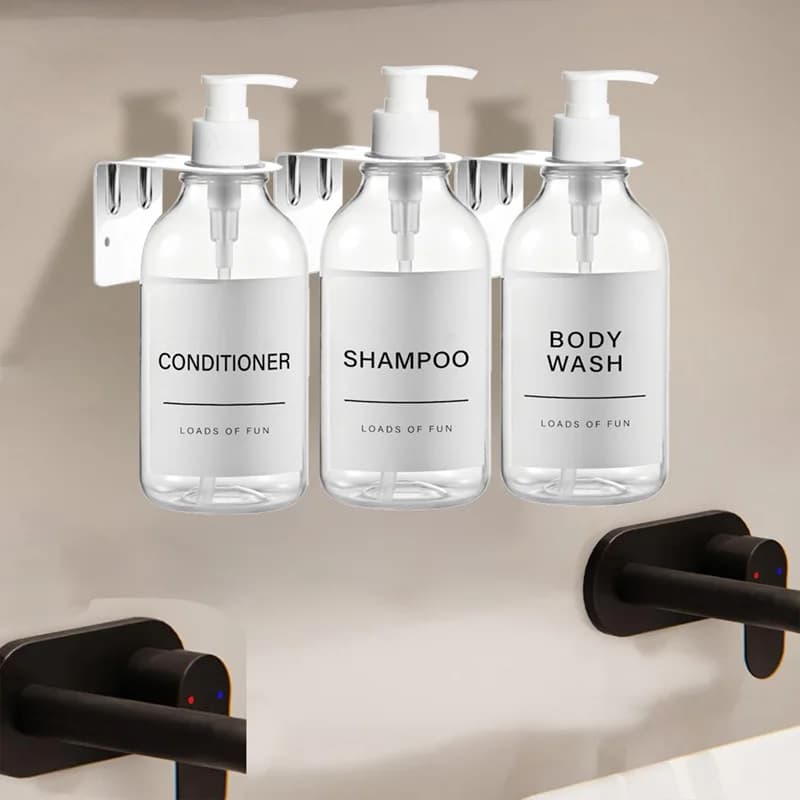 Set dispenser di sapone con vassoio in legno/silicone, montaggio a parete, pompa per shampoo, bottiglia, contenitore per lozione, accessori per il bagno, 500 ml