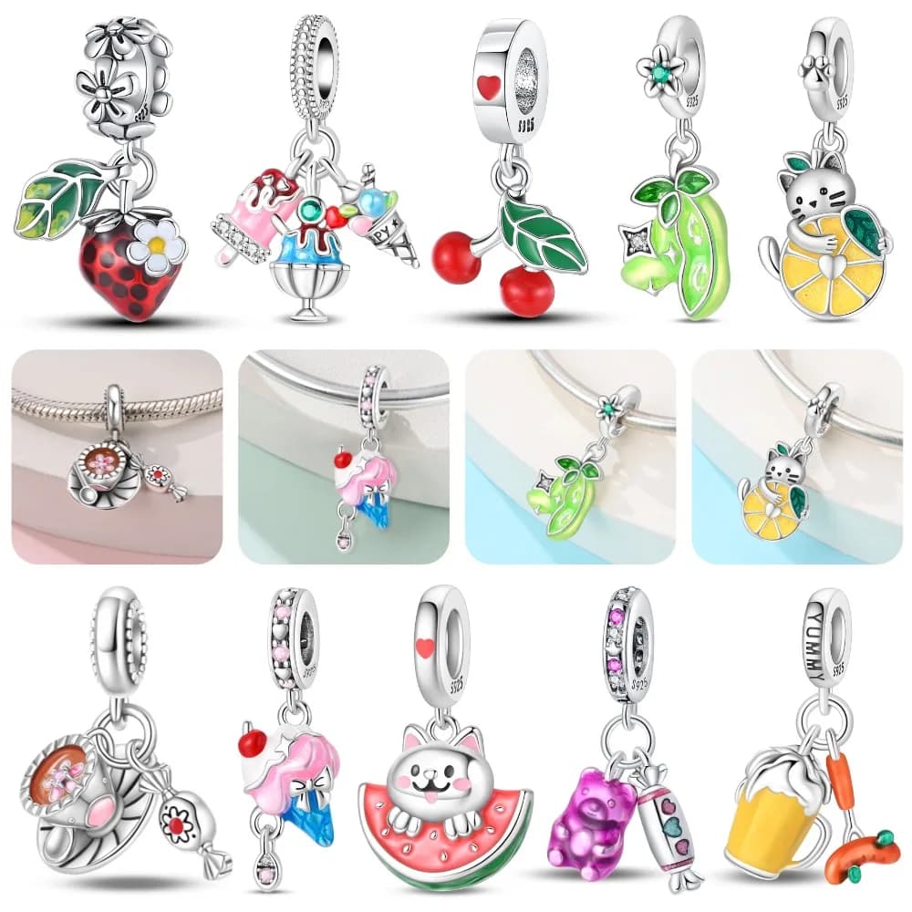 925 Sterling Silver Seeded Strawberry Fruit Ice Cream Dangle Charms Fit For Original Bracelet Necklace Diy Jewelry Making