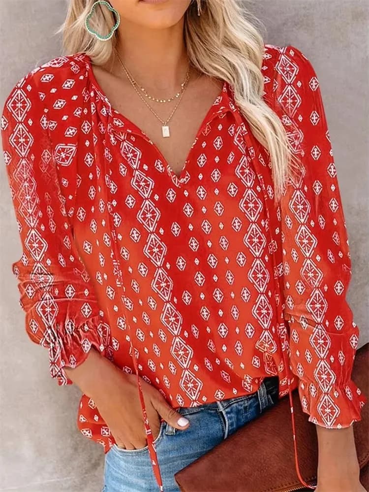 Women's Autumn and Spring Floral Shirt Top Printed Casual Long Sleeved with V-neck