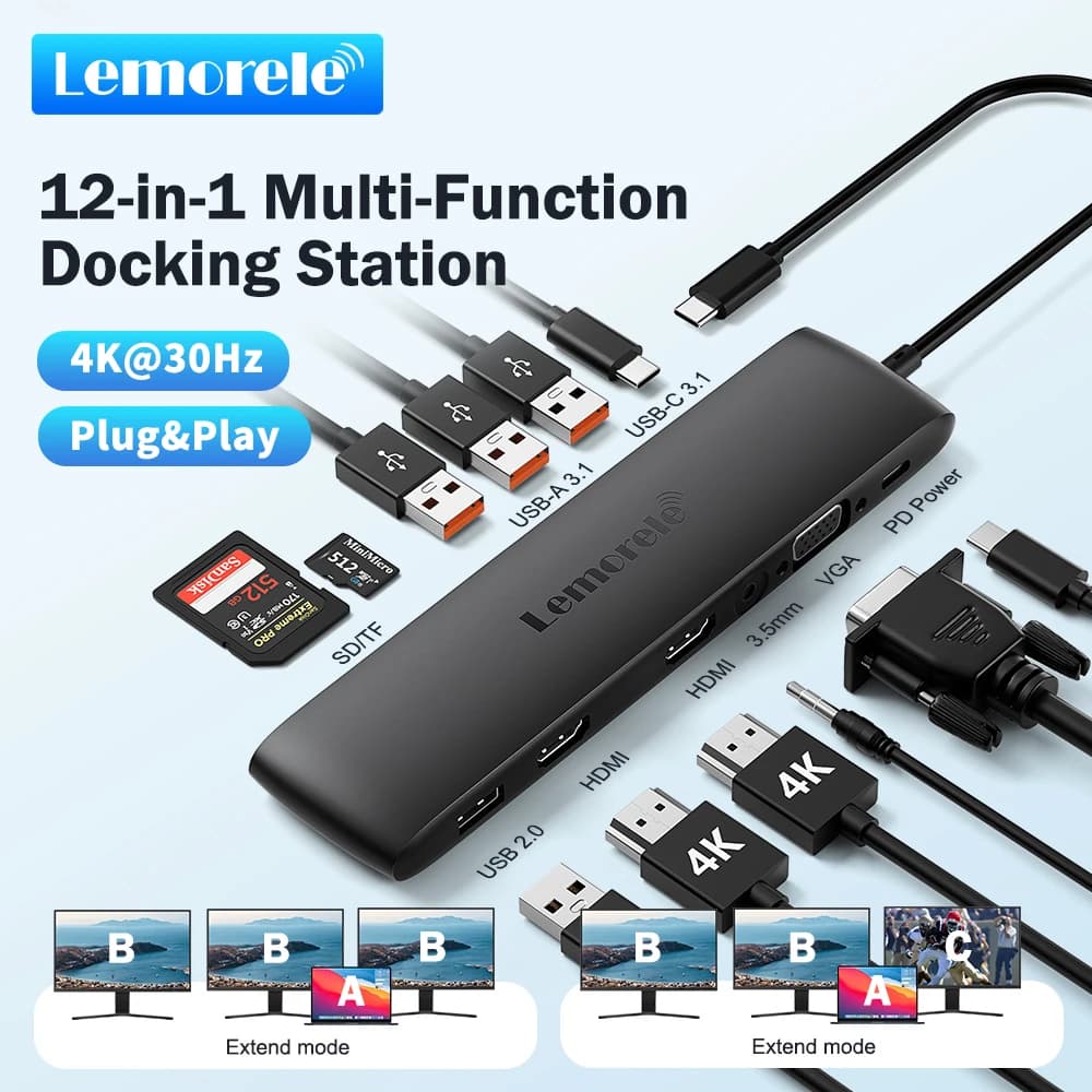 Lemorele TC97 Hub USB C 12 in 1 100 W PD 2x 4K HDMI VGA 10 Gbps USB C/USB A Porte Lettore di schede SD/TF per PC portatile
