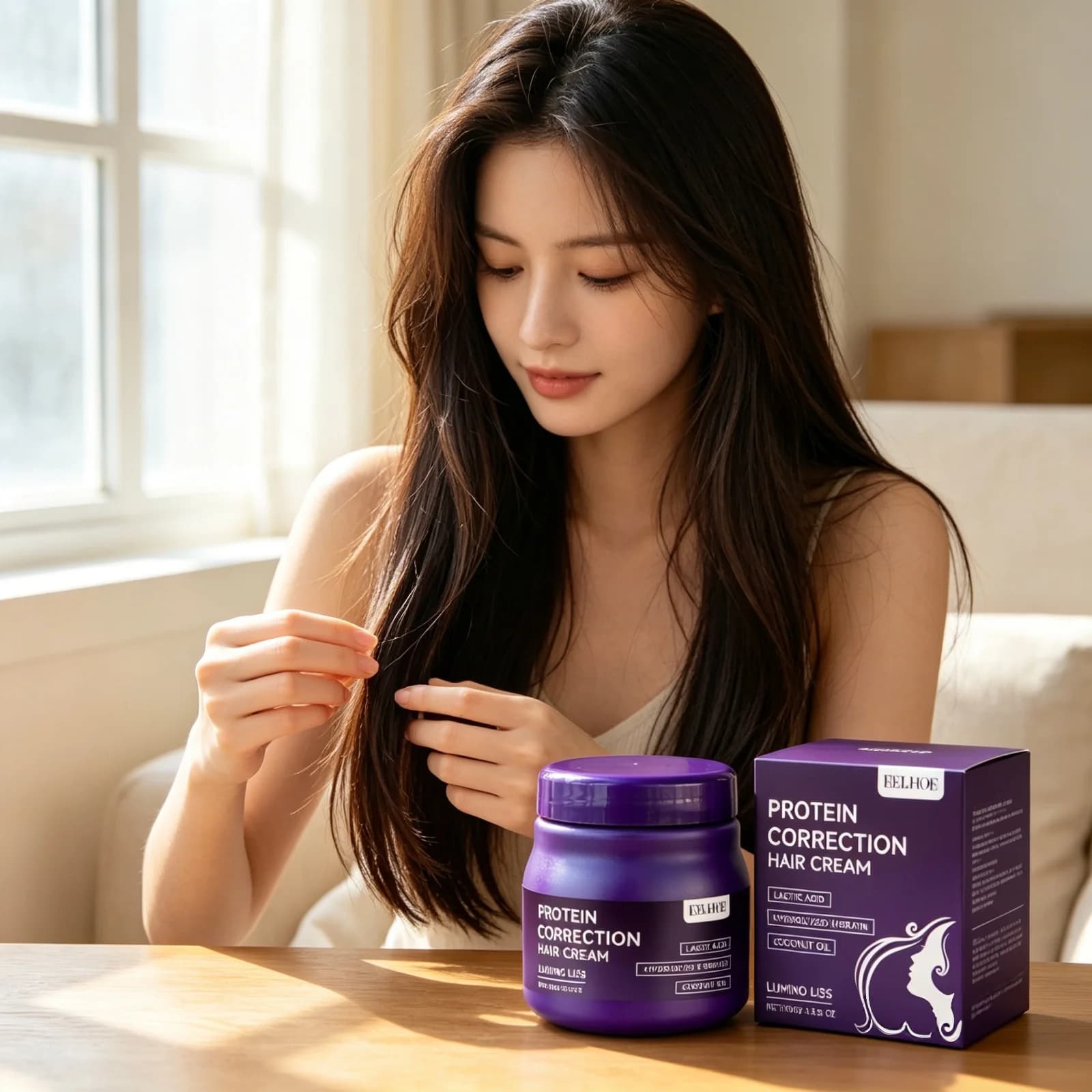 EELHOE Protein Correction Hair Straightening Cream Smooth Hair Gloss Treatment Coconut Oil Anti Frizz Hair Styling Cream 100g