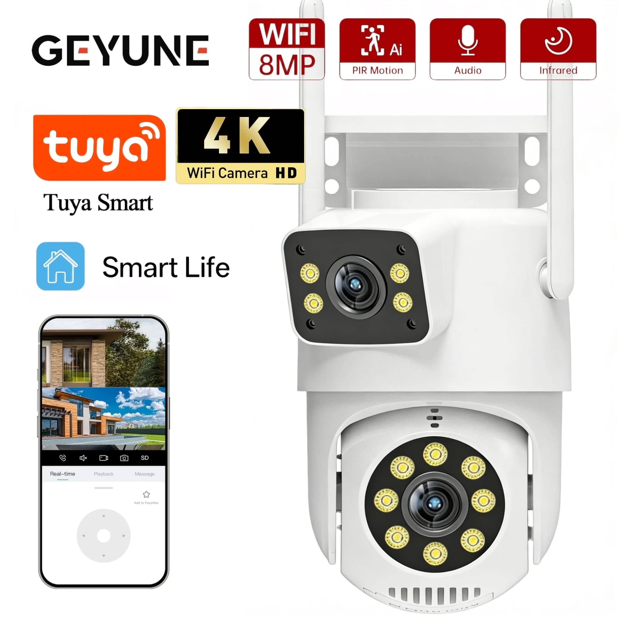 Telecamera PTZ WIFI 4K 8MP Tuya a Doppia Lente, Full HD con Doppio Schermo, Tracciamento Automatico AI, Telecamera di Sorveglianza Esterna 4MP