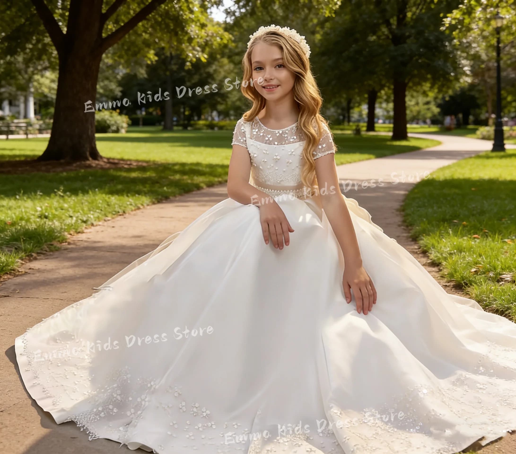 Abito da damigella d'onore in raso personalizzato DROIS, elegante abito da cerimonia per bambina con mezza manica in pizzo e fiocco, per Prima Comunione, ballo di fine anno, festa, abito per bambini